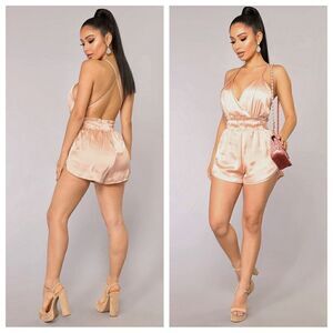 Fashion Nova Romper Blush Metallic Satin Elastic Stretch Waist Small